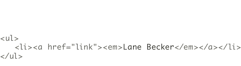 Code sample showing an unordered list and a single list item which contains a simple link anchor, and an emphasis element within the anchor.
