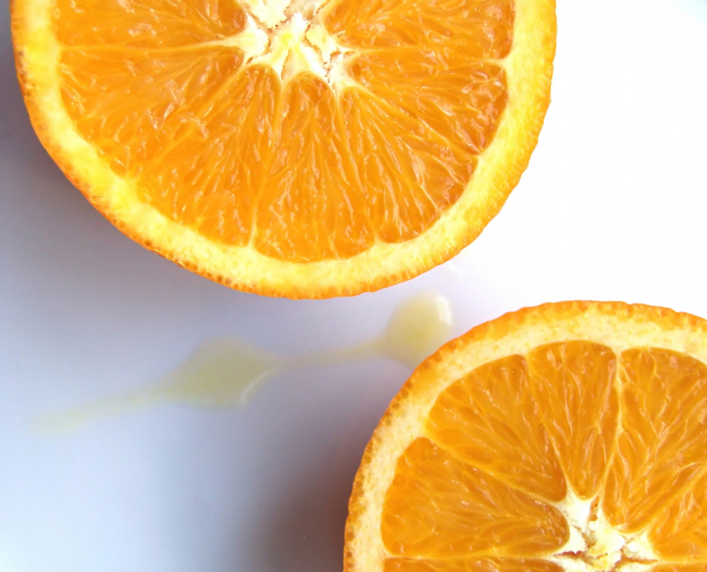 orange, sliced in half, looking at the inside