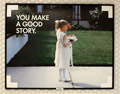 Another HP ad, showing a young flower girl dressed for a wedding standing on a sidewalk, and the phrase 'You make a good story.