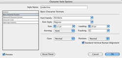 Illustrator's Character Style Options dialogue, showing the type attributes I already applied.