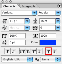 Photoshop's Character palette, with the Underline button location highlighted.