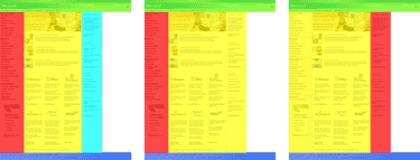 Microsoft's home page, with three different overlay sets highlighting basic page structure, one showing header, 3 columns, footer, two others showing header, 2 columns, footer
