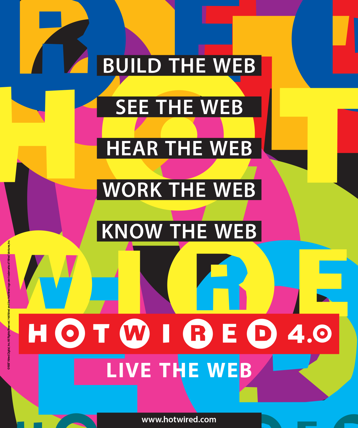HotWired 4.0 ad: Build the Web, See the Web, Hear the Web, Work the Web, Know the Web, Live the Web