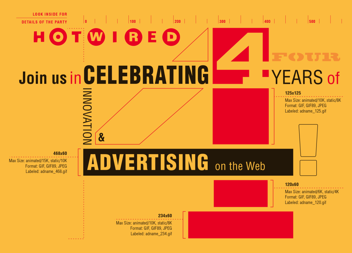 HotWired invitation card: Join us in celebrating 4 years of Advertising on the Web.