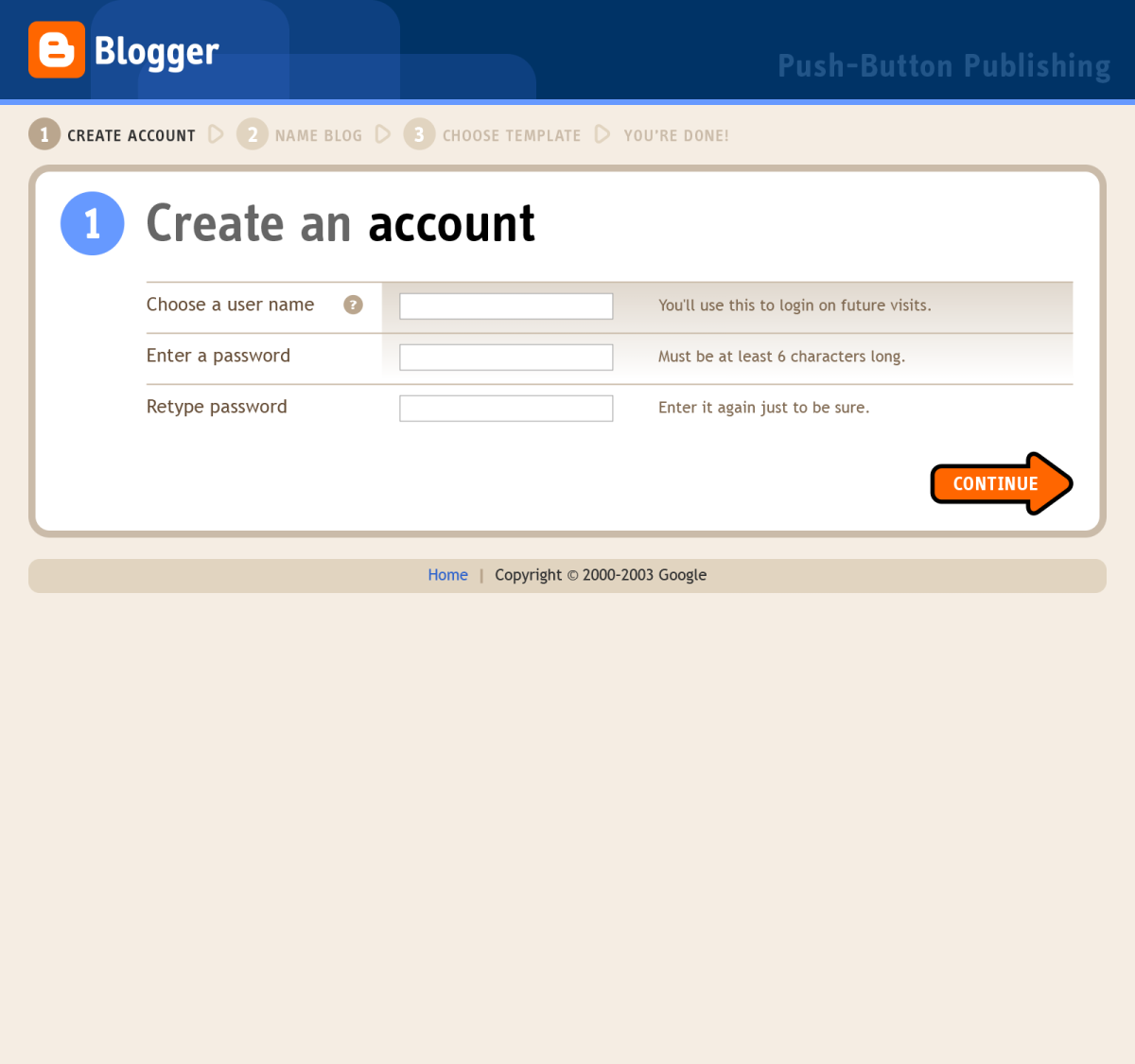 Blogger registration flow, step 1 (Create an account)