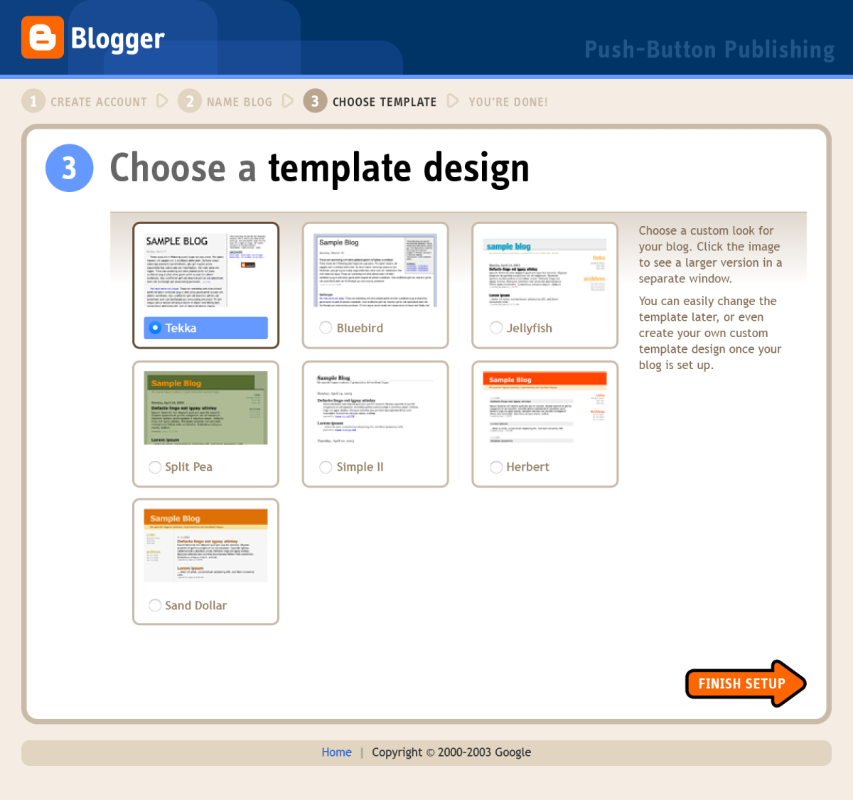 Blogger registration flow, step 3 (Choose a template design)