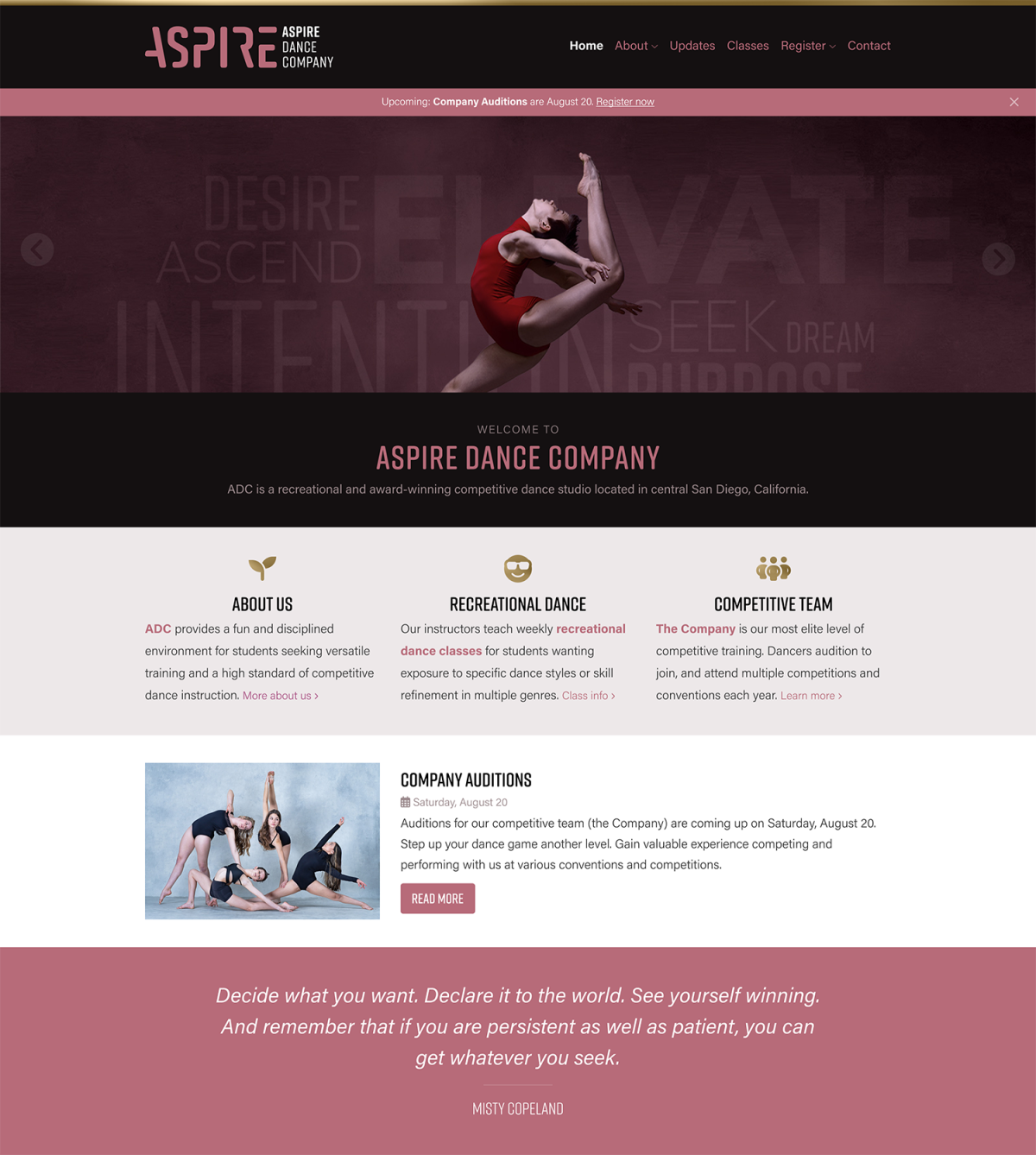 Aspire Dance Company website home page