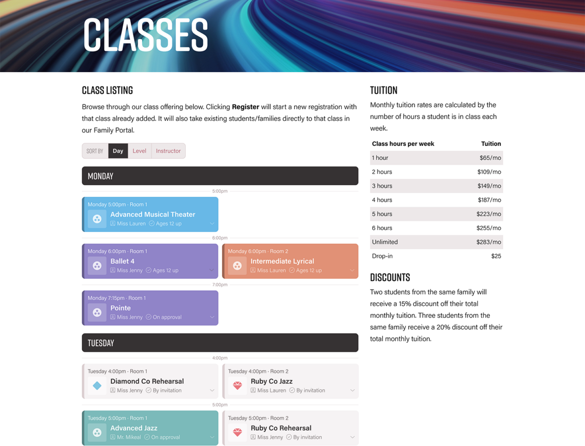 ADC class schedule page
