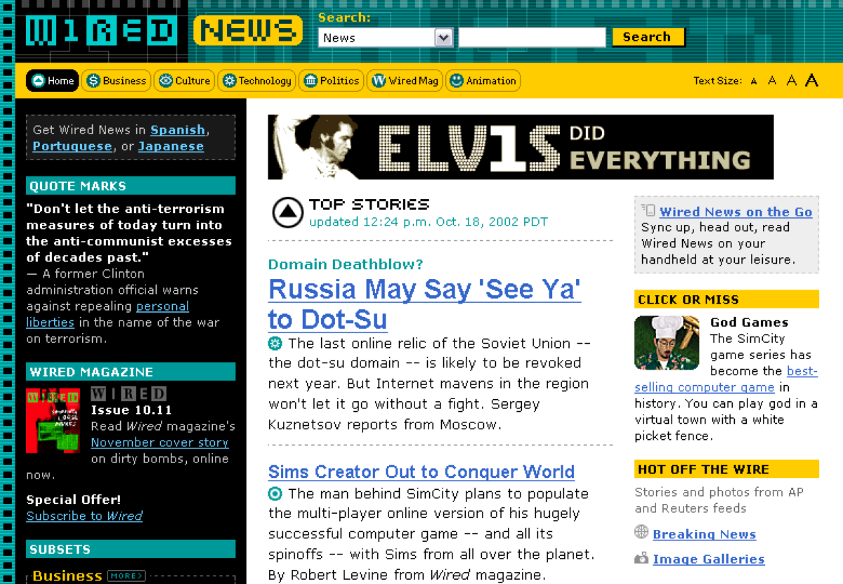 The Wired home page, from October 18, 2002