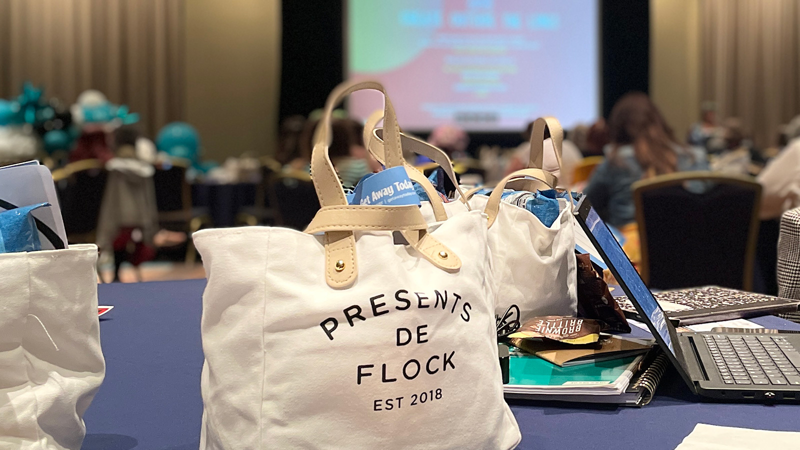 Tote bags at a recent FLOCK event