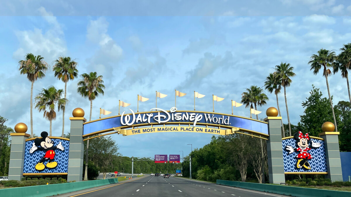 Welcome sign entering Disney World property that reads: "Walt Disney World, The Most Magical Place on Earth"