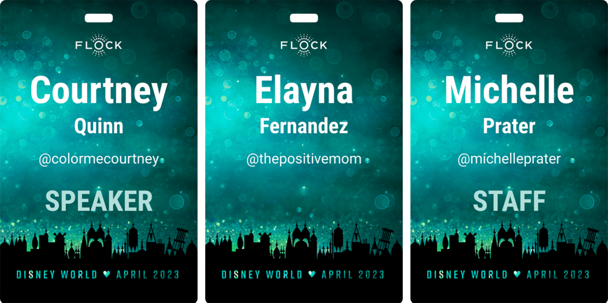 FLOCK badge variations for speakers, attendees, and staff