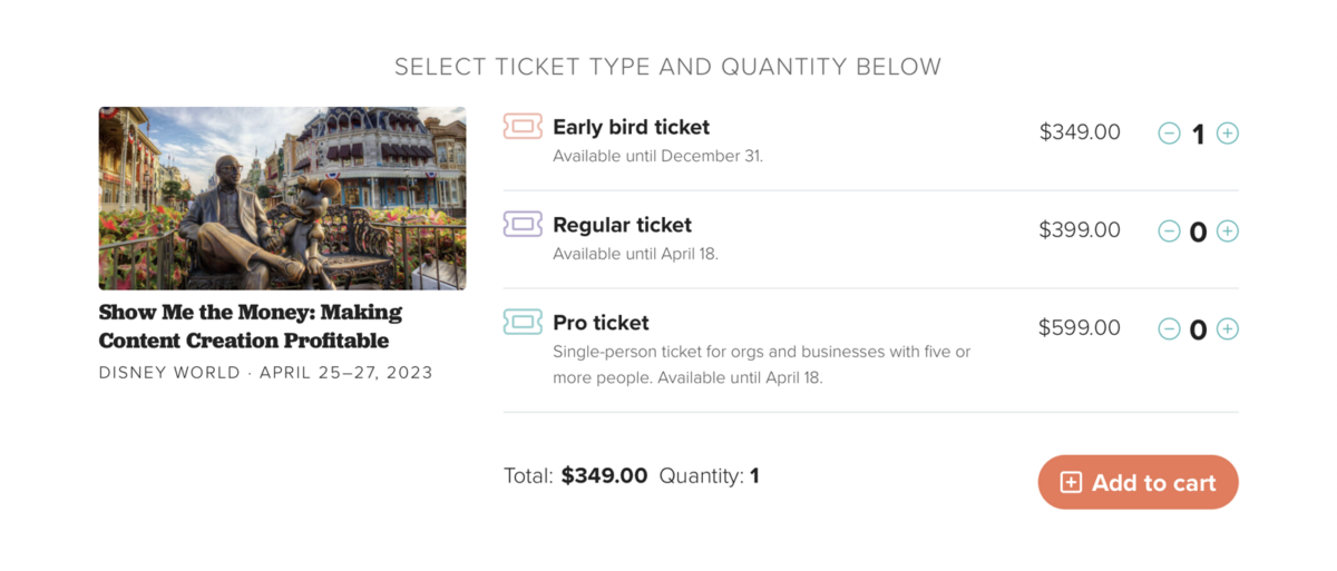 The FLOCK UI for selecting ticket type and quantity. User chooses among Early Bird, Regular, and Pro tickets.